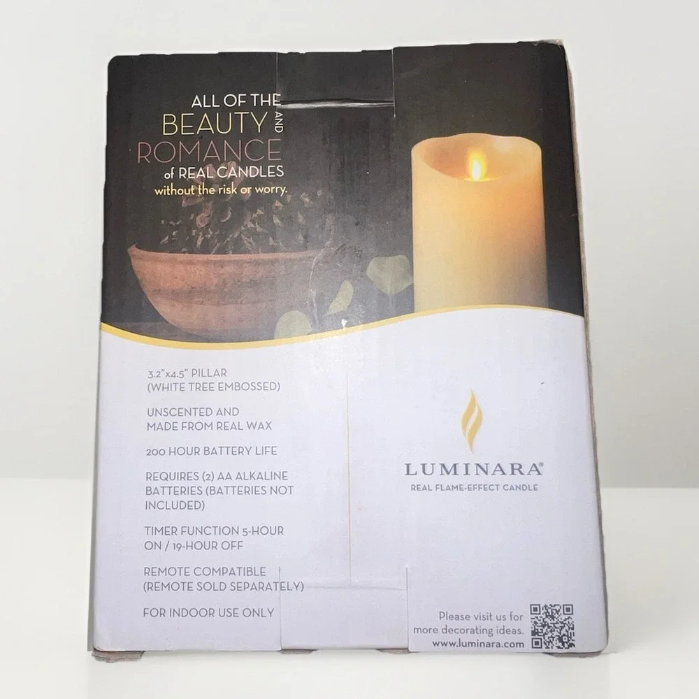 NIB Luminara Flameless Candle White Embossed Trees Pillar 4.5